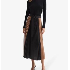 Reiss Black and Tan Pleated Midi Skirt